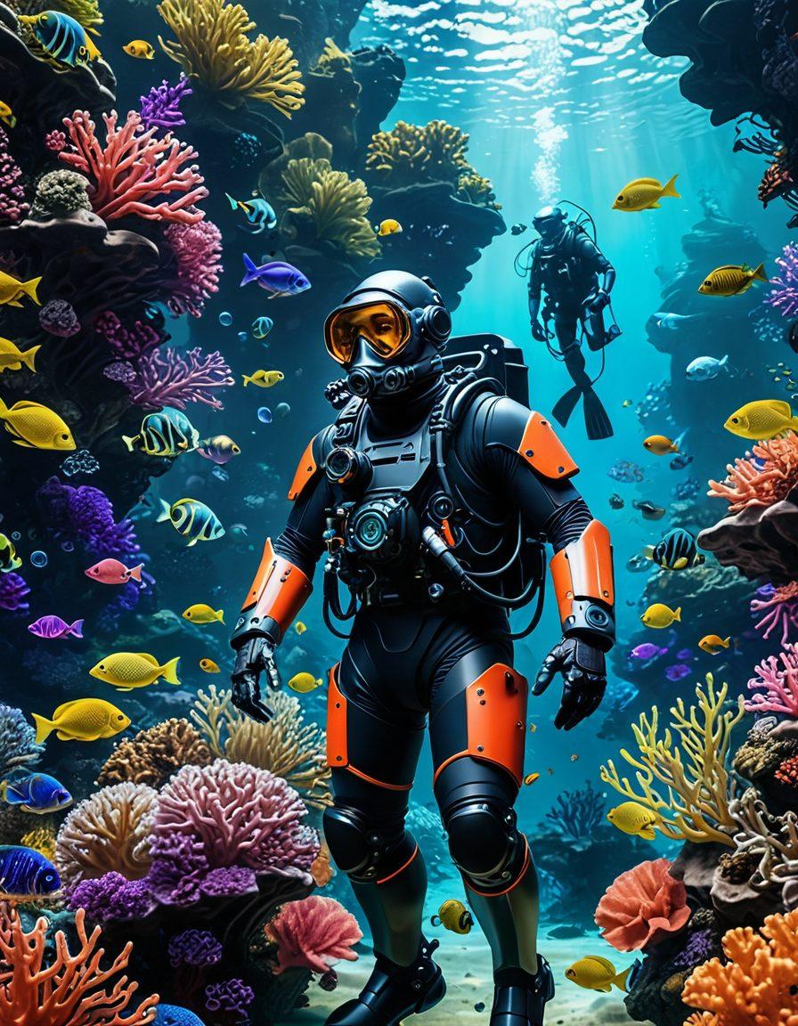 A deep-sea diver equipped with advanced tech gear exploring a vibrant underwater city of gadgets and innovative devices, showcasing futuristic elements like glowing screens and robotic marine life. Bubbles rising around the diver illuminate the scene, symbolizing a journey into technology. The backdrop features colorful coral formations blended with tech motifs. ultra-realistic. vibrant colors. 3D.