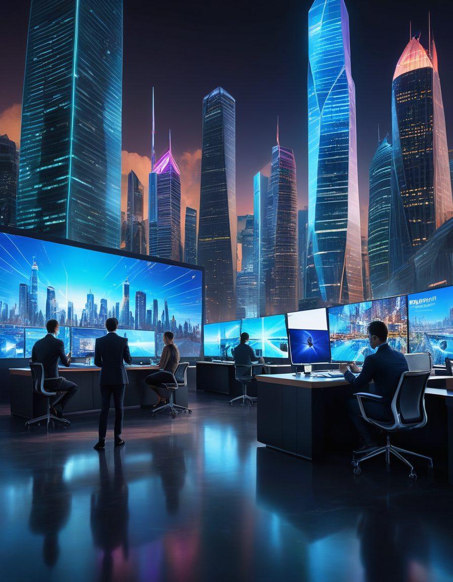 A sleek modern workspace featuring the latest gadgets and tech devices, alongside a futuristic cityscape in the background. The scene should include a diverse group of people enthusiastically interacting with technology, highlighting innovation and trends. Incorporate dynamic lighting that suggests motion and excitement. The overall color palette should be vibrant and inviting, representing a blend of technology and lifestyle. 3D. vibrant colors. futuristic.