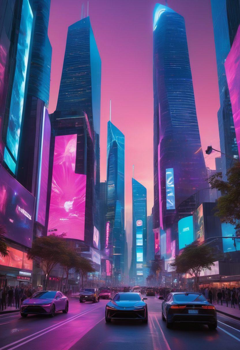 A futuristic city skyline filled with sleek skyscrapers adorned with digital billboards showcasing the latest gadgets. In the foreground, diverse individuals engage with cutting-edge technology devices, such as drones and holographic displays. The sky is a blend of vibrant neon colors, emphasizing a sense of innovation and excitement. Include elements like autonomous vehicles and smart trees as a symbol of sustainability. vibrant colors. cyberpunk.